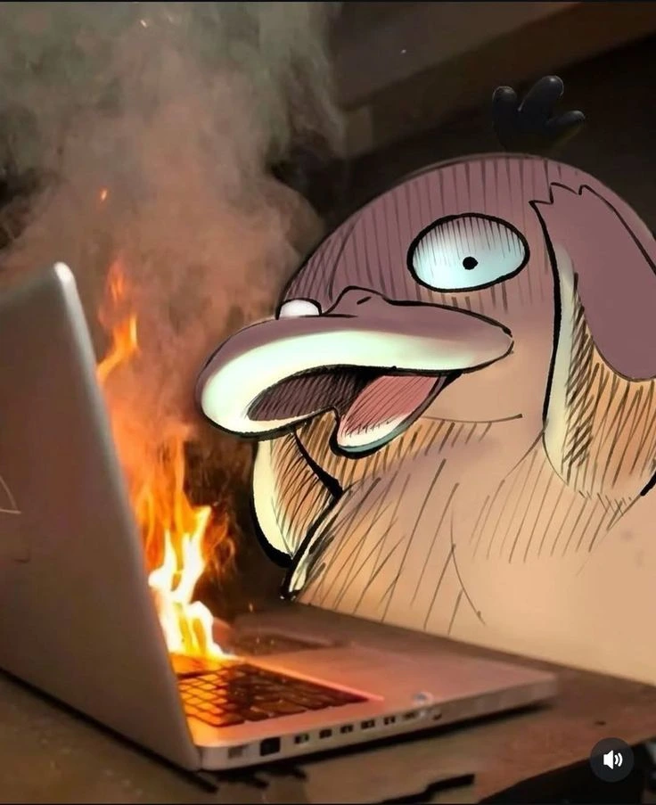 duck with laptop that is on fire